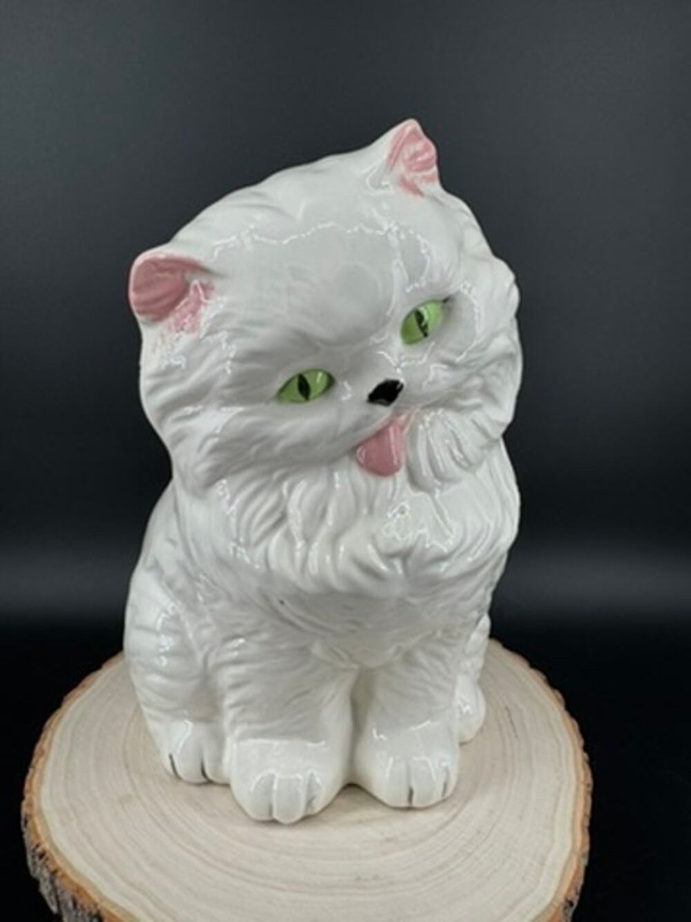 Vintage Ceramic Persian Cat Figurine 10.5" White Green Eyes Pink Tongue